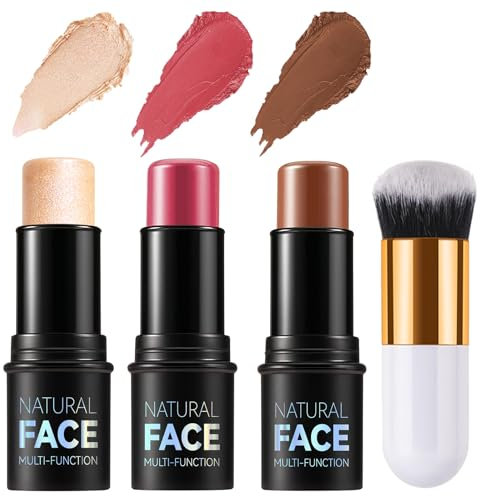 3 Pack Contour Highlighter Blush Sticks with Brush, Cream Bronzer Contour Stick Kit for Cheeks Eyes Lips, Long Lasting Waterproof Smooth Multi Stick Face Makeup Set for All Skin Type (Set D)