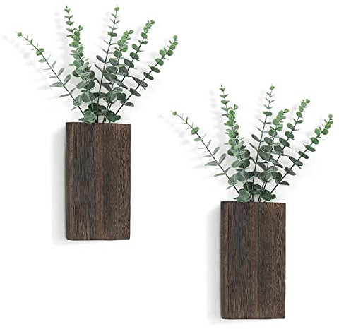 Mkono Juego de 2 macetas de madera para pared, jarrón con eucalipto artificial para decoración de pared para plantas falsas de interior, verde, salón, dormitorio, cocina, hogar, oficina, decoración