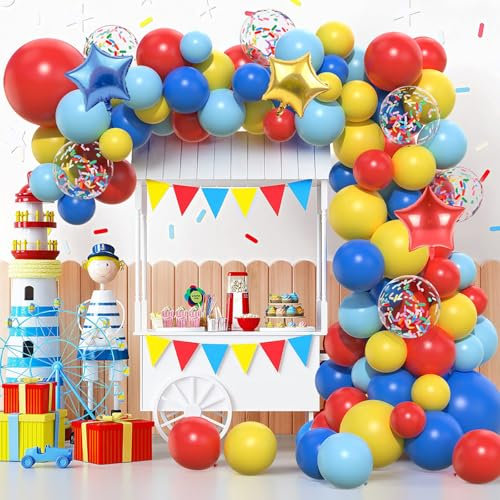 Luftballon Girlande Rot Gelb Blau, 106pcs Zirkus Deko Ballon Girlande Bunt Set mit Stern Folienballons Bunte Konfetti Ballons für Karneval Geburtstag Babyparty Zirkus Thema Party Kinder Dekoration