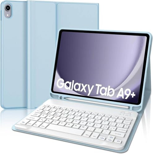 WINCHKING Funda con Teclado para Samsung Galaxy Tab A9+ 11 Pulgadas 2023, Funda con Teclado para Samsung Galaxy TB A9 Plus, Inalámbrico Bluetooth Magnético Keyboard, QWERTY Español Ñ, Azul Cielo