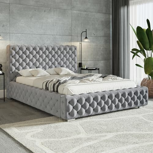 MOTIVENA Dianna Chesterfield Bett 200x200 Grau Samt, mit Stauraum, mit Kopfteil, mit Lattenrost, mit Füßen, ohne Matratze, Chesterfield Polsterbett 200x200 mit Bettkasten Grau (Hellgrau)