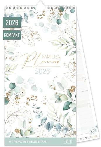 Häfft® Familienplaner 2026 Kompakt mit 4 Spalten Blattgold 16,5 x 32,5 cm - Wandkalender Familienkalender für 12 Monate Jan bis Dez 26 - nachhaltig & klimafreundlich