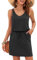 AUSELILY Damen Sommerkleid Ärmellos V-Ausschnitt Knielang Freizeitkleider Casual Kordelzug Midikleid mit Taschen Schwarz L