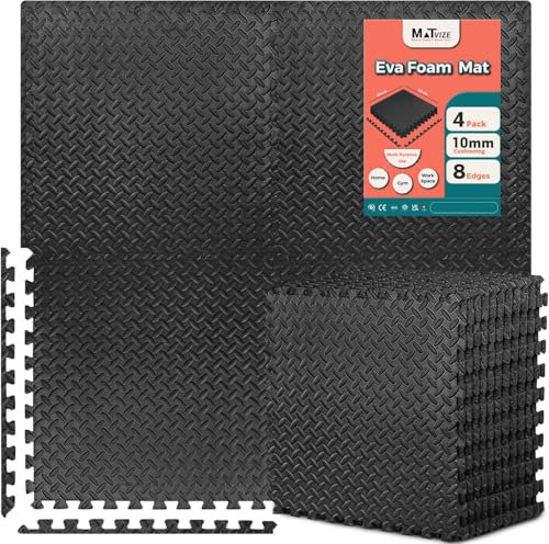 MaTvize Eva Gym Flooring Exercise Mat – (60x60cm) 1cm Thick, 4 Pcs Large Black Heavy Duty Interlocking, Non-Slip, Yoga Foam Floor Tiles for Office, Home & Kids Play (Black, 4 Tiles (16 Square Feet))