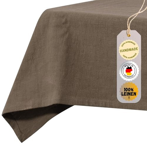 chambry Tischdecke 100% Leinen Stonewashed – Handarbeit Made in Germany – Größe und Farbe wählbar – hochwertige und nachhaltige Tischwäsche aus Naturmaterial - Braun 120cm x 220cm