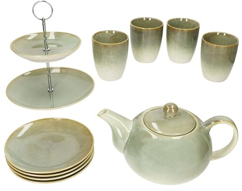 MamboCat 10tlg Teeset Scones Grün I 1x Etagere 2-stöckig, 1x Teekanne, 4X Becher & 4X Teller aus Steingut zum Kaffee & Tee für 4 Personen I Tee-Service, Geschenkidee