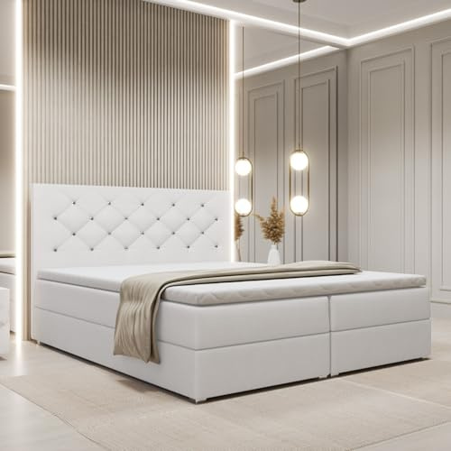 FurniDe24 Boxspringbett Fano, 2 Bettkästen, Weiß, Plüsch, 160x200cm | Polsterbett mit Taschenfederkernmatratze H3, 3 cm hohem Topper, gepolstertem Kopfteil mit Zierknöpfen und verstärktem Rahmen