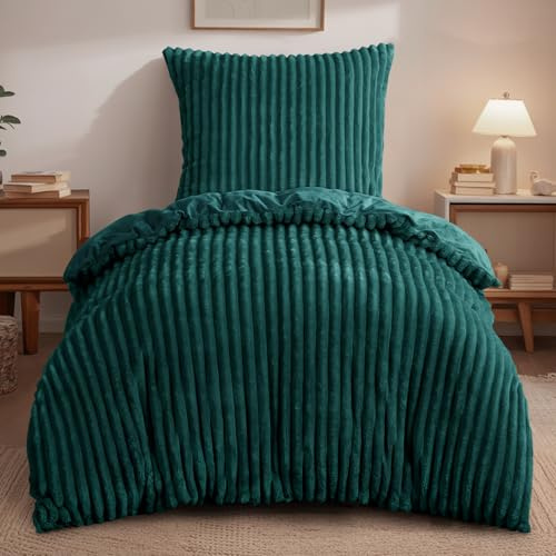 RUIKASI Winter Flanell Bettwäsche 140 x 200 Grün 2teilig - Plüsch Warme Flauschig Winterbettwäsche Cord Teddy Fleece Cashmere-Touch Bettbezug mit Reißverschluss und Kissenbezug 80x80cm