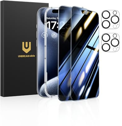 UNBREAKcable Sichtschutzfolie für iPhone 15 Pro Max (6,7 Zoll), 2 Stück + 2 Kameraschutzfolien｜25° Anti-Spy｜9H Härte｜Anti-Fingerprint｜HD-Klarheit Panzerglas