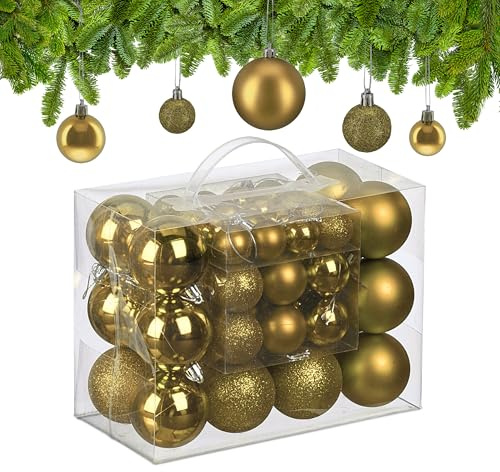 Relaxdays Weihnachtskugeln im 50er Set, Kunststoff, glitzernde, Matte, glänzende Baumkugeln, Christbaumschmuck, Gold