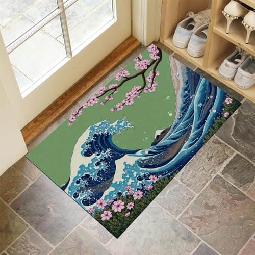 JEDTAKCT Fussmatte Innen 60X90Cm, Wellen Vor Kanagawa Schlanke rutschfeste Fußmatte Für Den Innenbereich, Japanische Illustration Fußabtreter Türmatte, Absorbiert Wasser Schmutzfangmatte, Marineblau