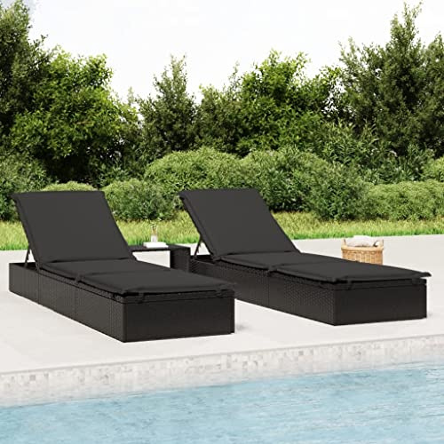 Owoxanthellate Schwarze Sonnenliege klappbar 201x55x62 cm mit schwarzer Auflage aus PE-Rattan und Stahlrahmen verstellbare Relaxliege für Garten Balkon Pool und Camping