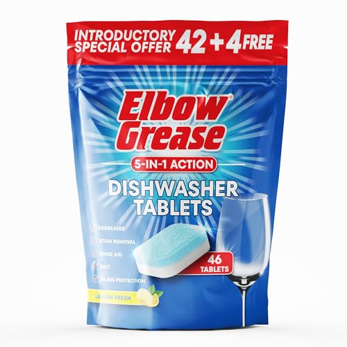 Elbow Grease Dishwasher Tablets (Lemon Fresh, 46 Tabs) | 5-in-1 Action - Degreaser, Stain Removal, Rinse Aid, Dishwasher Salt & Glass Protection