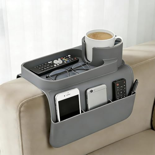 Sofa Arm Tray - Silicone Non-Slip Armchair Tray Caddy, Arm Chair Armrest Table Trays, with Double Side Pockets, Sofa Organiser for Cups, Phones, Tablets, Remote Control and Snacks (Gray)