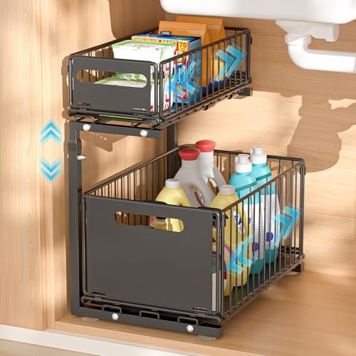 Vankarr 2 Etagen Spülschrank Organizer Ausziehbar,Höhenverstellbar küchen Organizer,Metall Spülenunterschrank Organizer,Gewürzregal,für Küche,Bad,Schrank,Schwarz,1 Stück