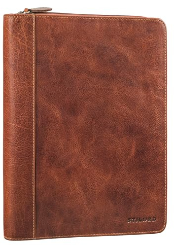 STILORD Leif Kleine Dokumententasche Leder DIN A5 Schreibmappe Aktenmappe Organizer Dokumentenmappe Reißverschluss Vintage Echtleder Konferenzmappe Farbe:Cannes - braun