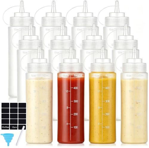 12 Pack 500 ml Plastic Squeeze Condiment Bottles with Twist On Cap Lids | Measurement Scales, Wide Mouth, for Sauce, Ketchup, Paint, BBQ,Oils