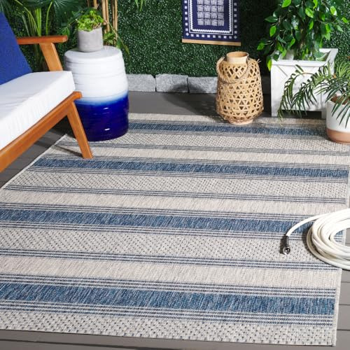 SAFAVIEH Washable Rug Outdoor Courtyard Collection - 6'7 x 9'6, Grey & Navy, Non-Shedding & Easy Cleaning, Ideal for Patio, Backyard, Mudroom (CY8464-36812)