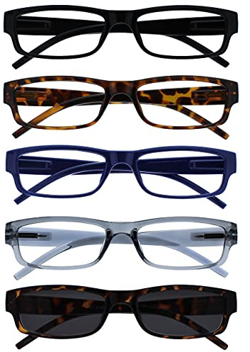 OPULIZE ACE Reading Glasses for Women Men, Lightweight Comfortable Narrow Rectangular Frame with Spring Hinges, Scratch Resistant, Black, Brown,Blue,Grey/Brown Sun +3.5 (Pack of 5)