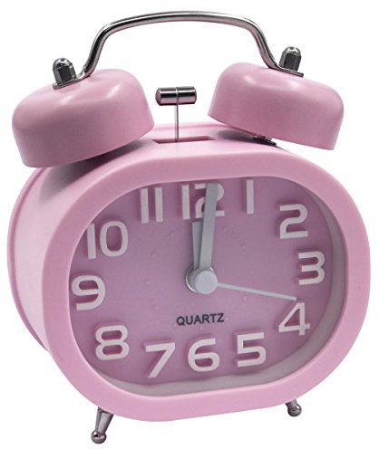 EASEHOME Retro-Wecker, leise, Quarz, Wecker, Wecker für den Morgen, Wecker, analog, für Nachttisch, Reise, Wecker, Metall, Doppelglocke, batteriebetrieben, mit Nachtlicht, Alarm, Rosa