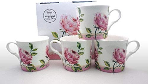 FINE Bone China Set of 4 Mugs Gift Boxed Emily Rose Mugs Free UK DELIVERY