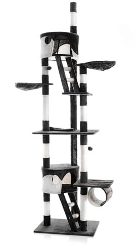 Wiltec Kratzbaum 240-260 cm schwarz/weiß, Katzenkratzbaum deckenhoch mit Sisal, Kletterbaum für Katzen, Deckenspanner Katzenbaum mit Hängematten