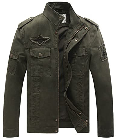 WenVen Chaqueta de Algodón Casual Chaqueta Militar Cuello Alto Sahariana Rompevientos Cremallera Delgada Chaqueta Fina Joven Hombres Verde Militar Small