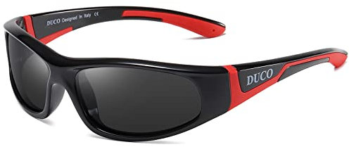 DUCO Sonnenbrille für Kinder Polarisierte Sonnenbrille Jungen & Mädchen mit Flexible Gummi UV400 Schutz (Schwarz Rot)