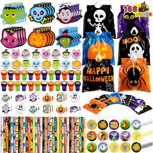 JOYIN 168 Stück Halloween Schreibwaren Sets für Kinder mit Notizblöcke, Bleistifte, Radiergummis, Süßigkeitentüten, Stempel, Aufkleber und temporäre Tattoos, Party Favor Spielzeug Geschenk