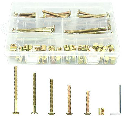 KBNIAN Tornillo con Tuerca de Barril M6 Kit de 101 Pcs Tornillos para Cuna de Madera con Tuercas de Barril Tornillos Cuna Micuna de 40/50/60/70/80 mm Con Llave y Caja de Plástico para Muebles Madera
