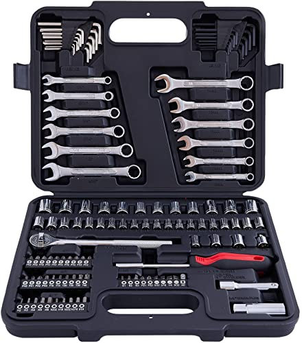 MECHMAX 121 Piece Mechanic Tool Set, 1/4 & 3/8 Inch Drive Metric & Standard Socket Wrench Kit, for General, Home, Car, Mechanics, Automotive Repair Tool Kit and as A Gift