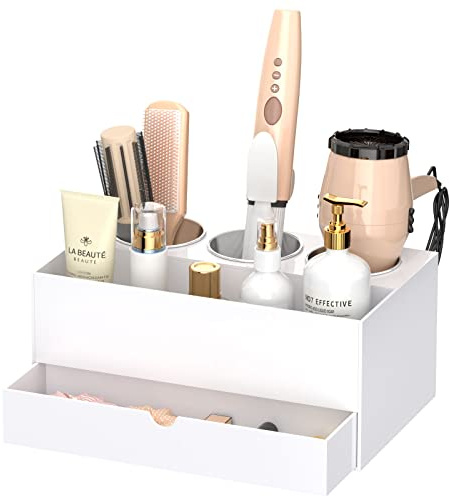 NIUBEE Haarwerkzeug-Organizer, weißer Acryl-Haartrockner und Styling-Organizer mit Schublade, Badezimmer-Theken-Föhn-Halter, Kosmetik-Caddy Aufbewahrungsständer für Zubehör, Make-up, Toilettenartikel