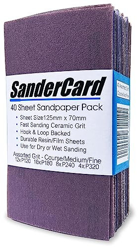 Schleifpapier, 40 Blatt, grobe, mittlere und feine Körnung, 120/180/240/320, Keramik-Körnung, nass und trocken Für Handschleifer und Schleifmaschinen 125 mm x 70 mm, 40 Blatt