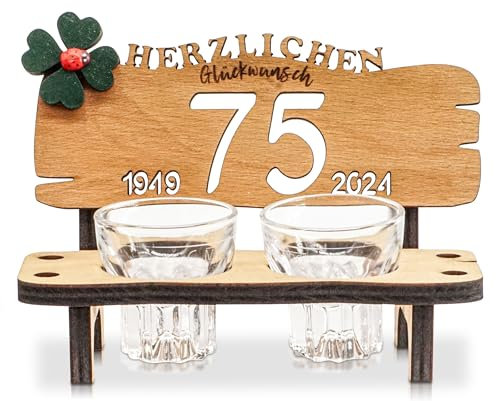 DARO Design - Schnapsbank Jahreszahl 75 Jahre Holz 2 Schnapsgläser Kleeblatt Jahrestag Geburtstag Hochzeitsgeschenk Jubiläum Geschenk 2025