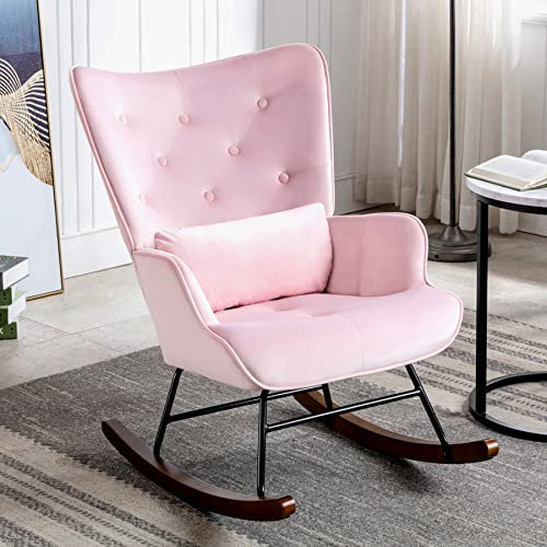 Fauteuil à Bascule en Velours Rembourré avec Support Lombaire, Chaise a Bascule Scandinave à Structure en Métal et Pieds en Bois, Fauteuil Allaitement pour Salon, Balcon, Chambre d'enfant (Rose)