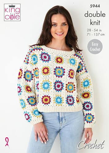 King Cole Ladies Double Knit Crochet Pattern Easy Jumper & Capped Sleeve Top (5944), Multicolor, 28'' - 54''