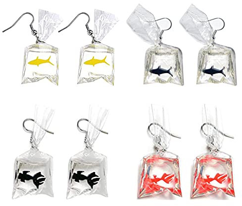 QUPENGXU 4 Paar lustige Acryl-Goldfisch- und Hai-Ohrringe, einzigartige Wasserbeutelform, baumelnde Haken-Ohrringe für Frauen, Harz, Kein Edelstein