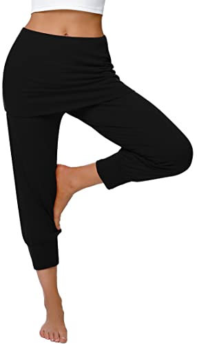 Terecey Yogahose Damen mit Rock 3/4 Caprihose Elegant Freizeithose Baumwolle Jogginghose Hohe Taille Pumphose Haremhose für Yoga Pilates Tanzen Joggen Schwarz XL