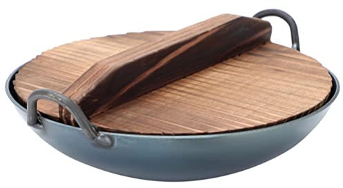 PATKAW Miniature Pots and Pans Non-stick Iron Chinese Wok or Stir Fry Skillet with Wooden Lid Double Ear Everyday Pan Miniature Stir Fry Pan Mini Cookware 10.5cm