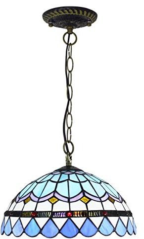 PAZWAHF Blaue mediterrane Vintage-Pendelleuchte im Tiffany-Stil, mittlere Größe, Buntglas-Hängelampe, Breite 12 Zoll, Höhe 36 Zoll, hängender Kronleuchter