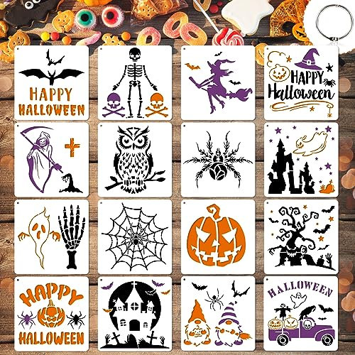 OOTSR 16 Stück Halloween Schablonen zum Basteln, 7.8Inch Halloween Spinne Kürbis Fledermaus Schablonen Zeichnung Malschablonen, Wiederverwendbare Schablonen für Scrapbooking Holz Wand Deko
