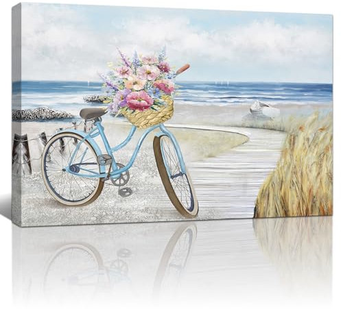 FajerminArt Cadre en Bois Impression Sur Toile Bicyclette bleue Plage bord de mer Art Mural Peintures sur Toile Grande Abstrait Paysage maritime côtier Tableau Decoration Murale Salon Chambre 60x90cm