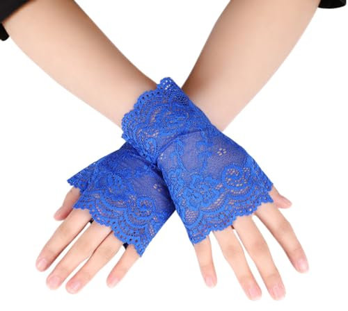 Whakano 1 Paar Damen Fingerlose Spitzen Handschuhe,Kurze Hochzeitshandschuhe,Kurz Geschnittene Fingerlose Gloves Damen Mädchen Braut,für Halloween,Bankett,Party,Hochzeit,Tea Party Zubehör,Königsblau