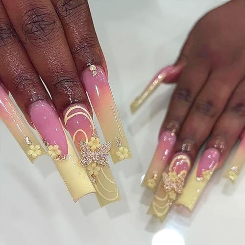 24pcs Extra Long Coffin False Nails Yellow Pink Ombre Stick on Nails French Tip Press on Nails Rhinestone Butterfly Flower Pattern Glue-on Nails Full Cover Fake Nails Women Brides Nail Art Accessories