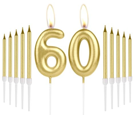 Gold 60th Birthday Candles - Number 60, Happy Birthday Cake Topper for Women, Men, Wedding Anniversary Decorations
