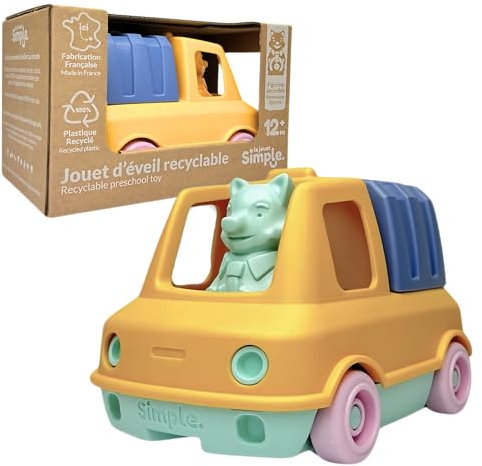 Le Jouet Simple – Camion Poubelle et Figurine, Made in France, 100% Plastique Recyclé et Recyclable, Lavable au Lave-Vaisselle, Cadeau Enfant Fille et Garçon Dès 1 an – Véhicule Roulant à Assembler