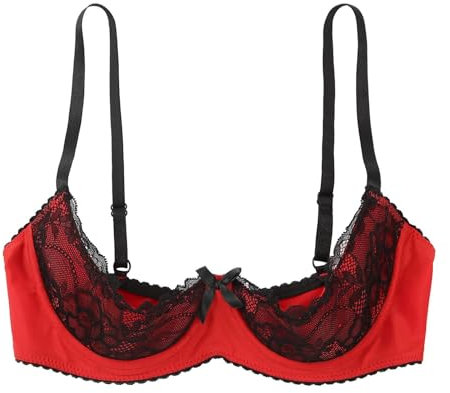 FULUJIDI Women'S Bra Women Lace Half Cup Bra Underwired Open Push Up Exposed Breasts Brassiere See Through Sheer Lace Sexy 3Xl Red