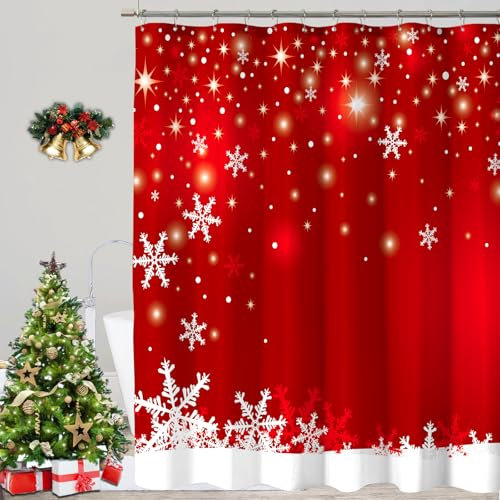 COSEVIER Christmas Shower Curtains for Bathroom, Red Christmas Snowflakes Shower Curtain, Xmas Funny Glitter Sparkle Winter Holiday Fabric Bath Curtain Décor, 72x72 Inch