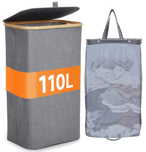 Fulasofia Panier à Linge avec couvercle 110 L,Paniere a Linge Sale fin avec sac intérieur amovible et lavable,Corbeille a Linge Poignée en Bambou,Panier a Linge Pliable pour buanderie,chambre (Gris)