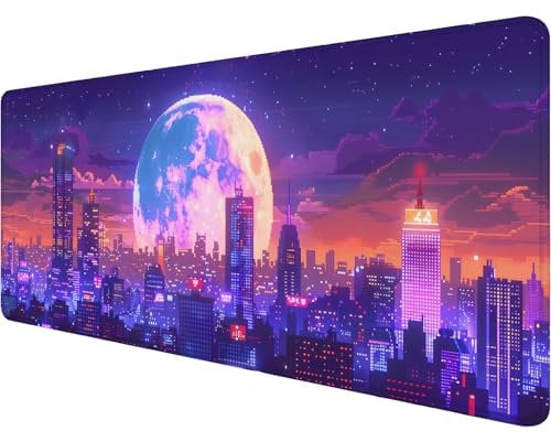 Anime-Gaming-Mauspad, Schreibtischunterlage, Pixel, Cyberpunk, Stadt-Skyline, Neon, großes Gaming-Mauspad mit genähten Kanten, rutschfeste, wasserdichte Gummiunterseite, Mauspad, Büro, Computer,